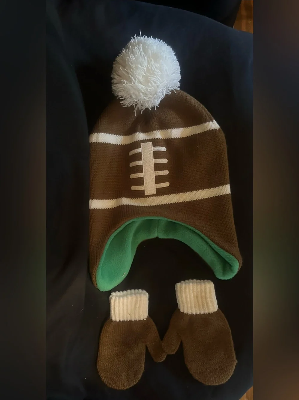 F-26 Kids Football Beanie and Mittens Set - Brown & White - Like New -Never worn